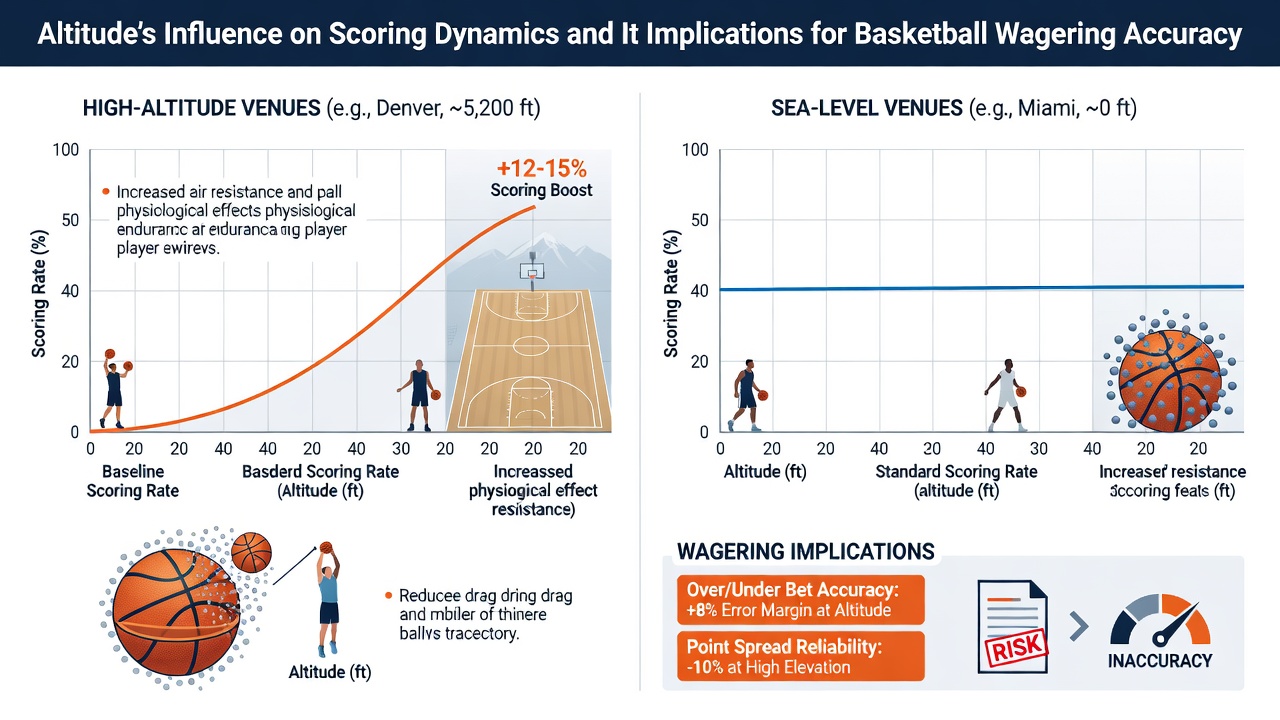 Infographic comparing over-under betting outcomes and point totals for high-altitude NBA venues versus sea-level arenas during recent seasons