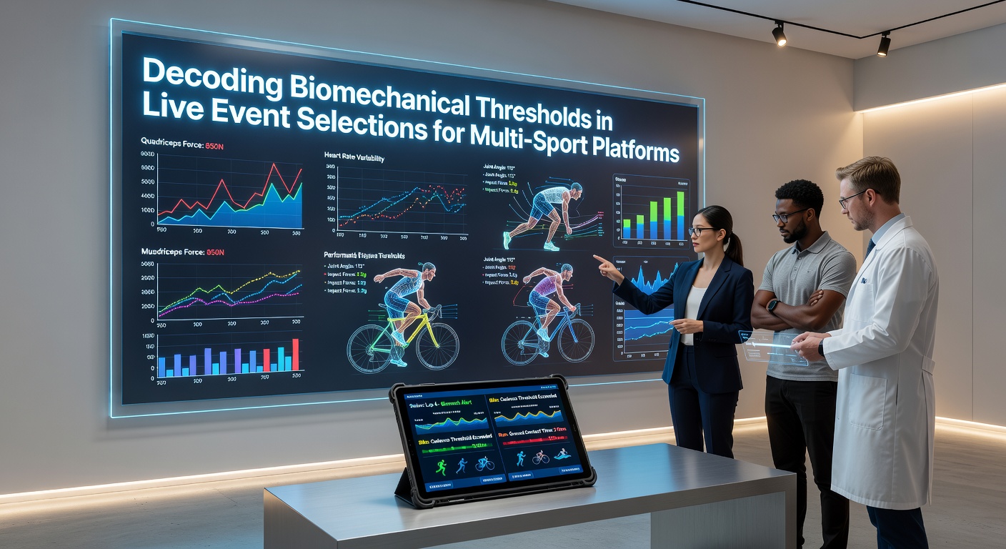 Athletes performing under motion capture systems during a live multi-sport event with data overlays showing biomechanical metrics