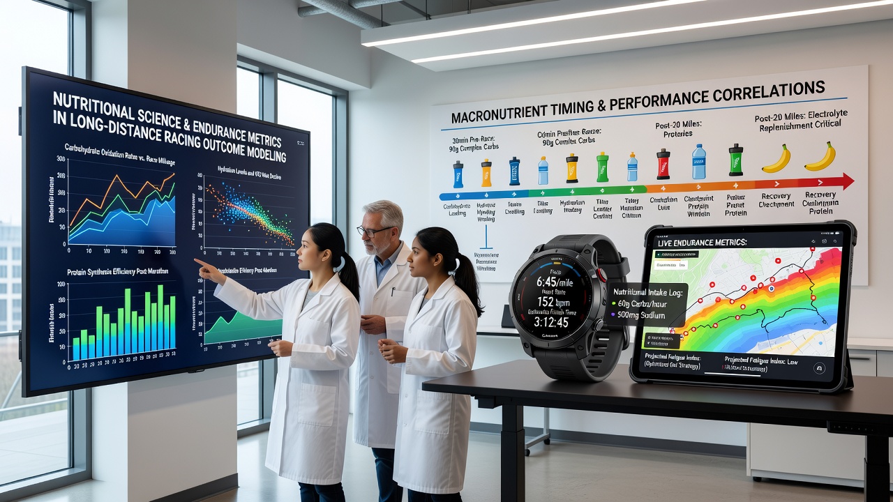 Close-up of endurance metrics dashboard displaying heart rate, pace, and nutrition intake logs during a race simulation