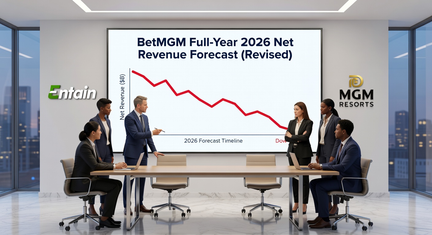 Graph showing BetMGM's Q1 revenue breakdown with bars for iGaming and sports betting, alongside a downward-trending forecast line for 2026