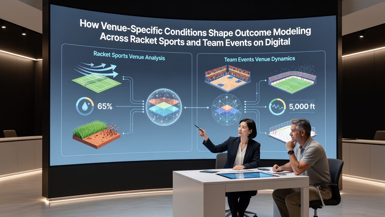 Analytics dashboard showing venue-specific adjustments applied to racket sport and team event predictions