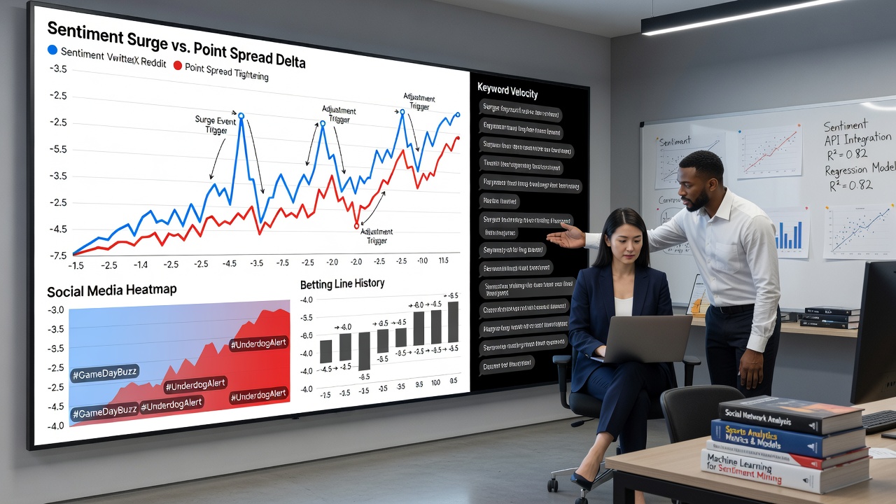 Sports analytics dashboard displaying overlaid sentiment curves and point spread adjustment timelines for NBA and NFL matchups