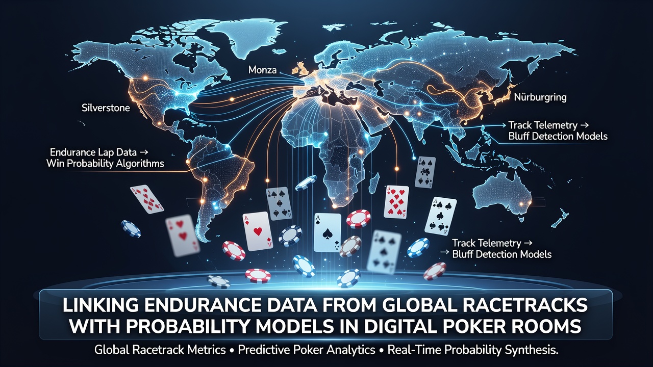 Global racetrack endurance metrics displayed alongside digital poker probability interfaces
