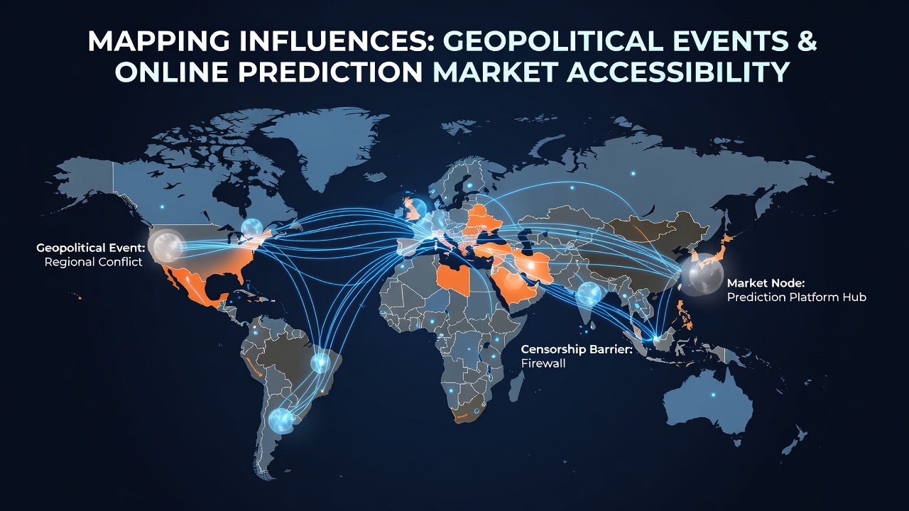 Geopolitical map overlay highlighting restricted regions and online prediction market access pathways