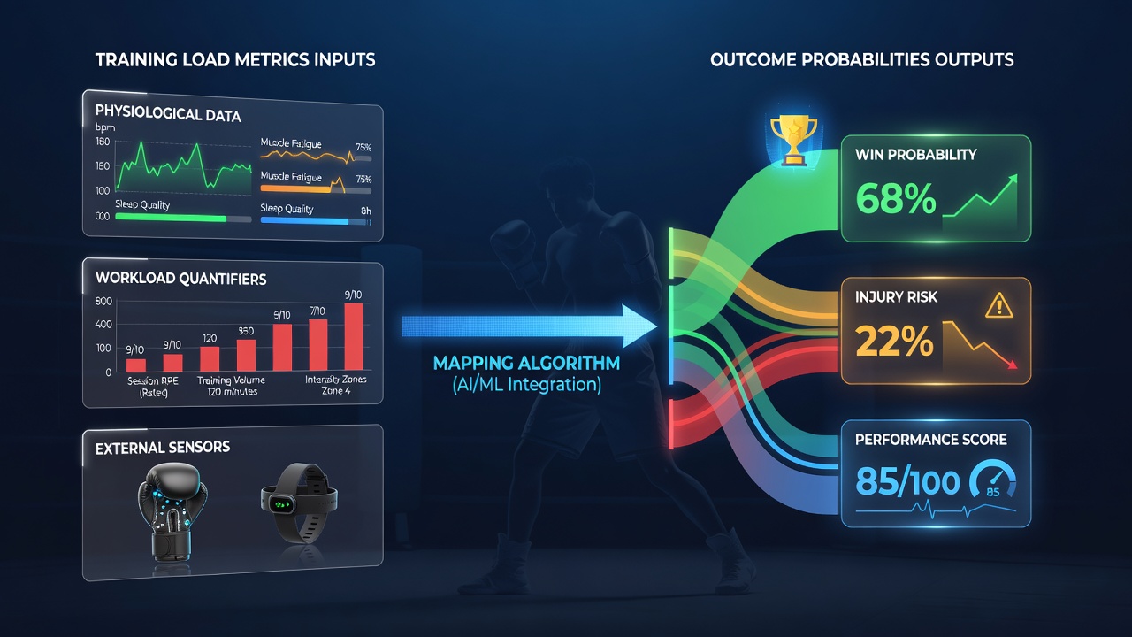 Digital interface displaying training load graphs mapped to fight outcome probability charts