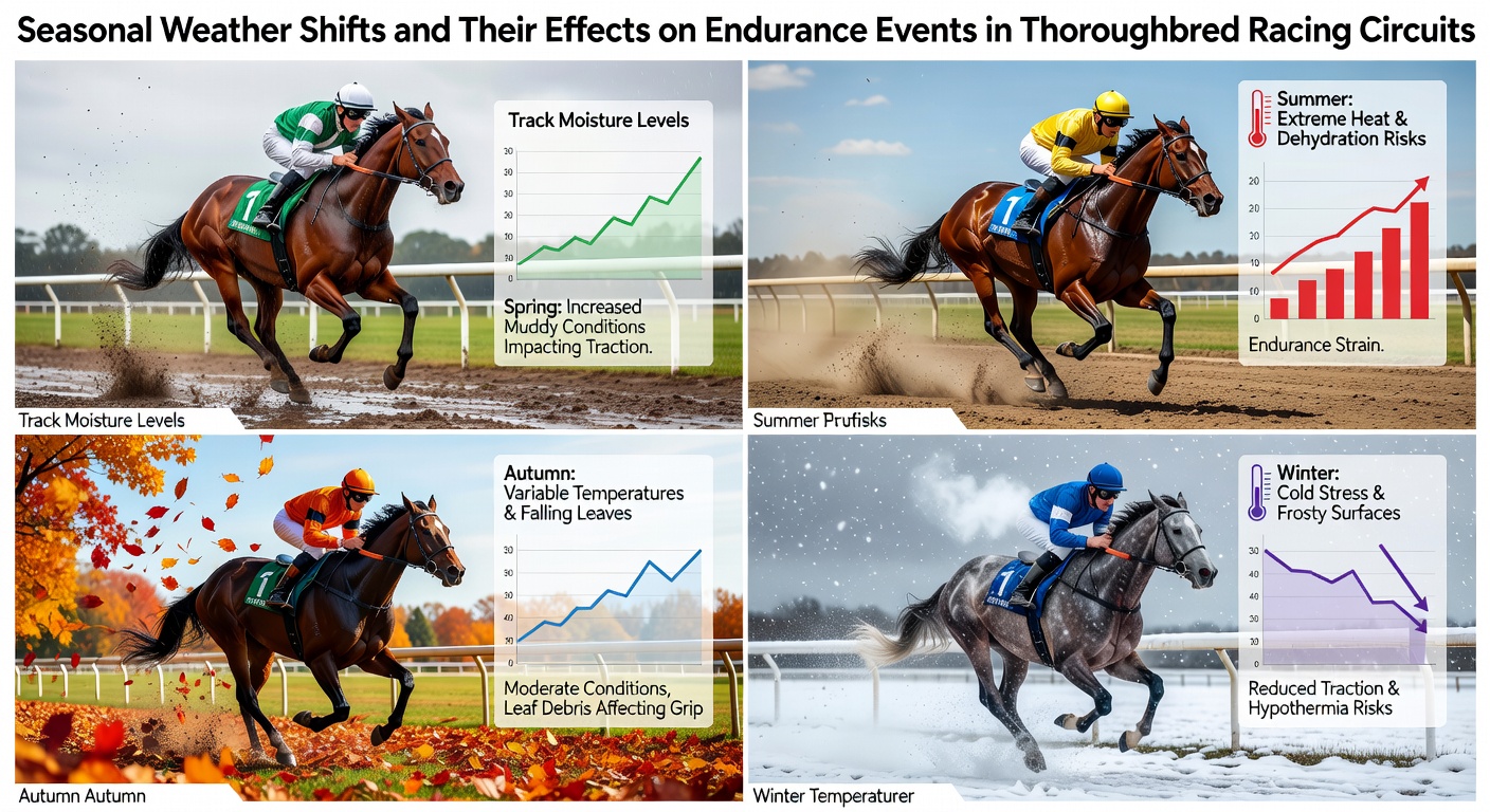 Thoroughbred horses competing on a rain-softened turf track during early spring conditions