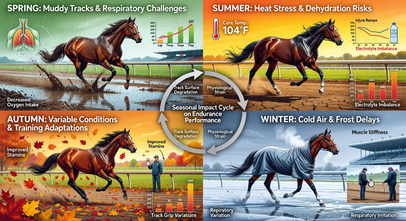 Thoroughbreds and jockeys navigating firm, sun-baked dirt during a summer endurance race