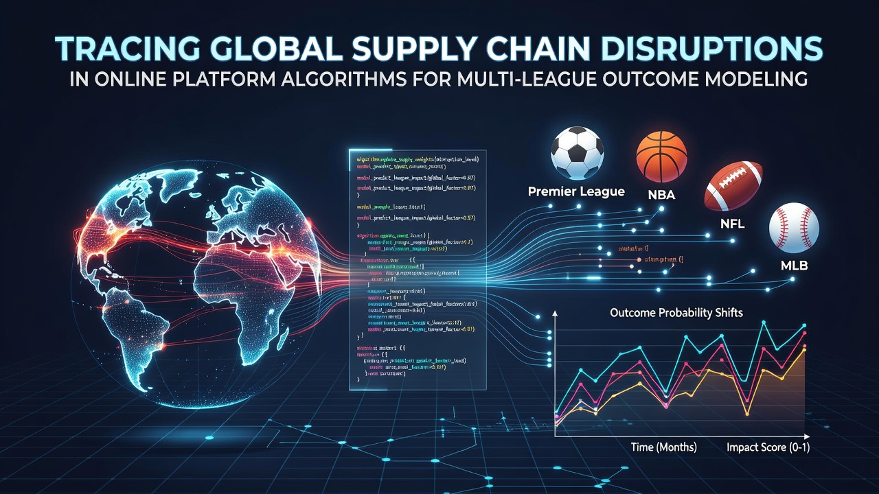 Global supply chain network visualization showing interconnected logistics routes and data centers that support online platform algorithms for sports league outcome modeling