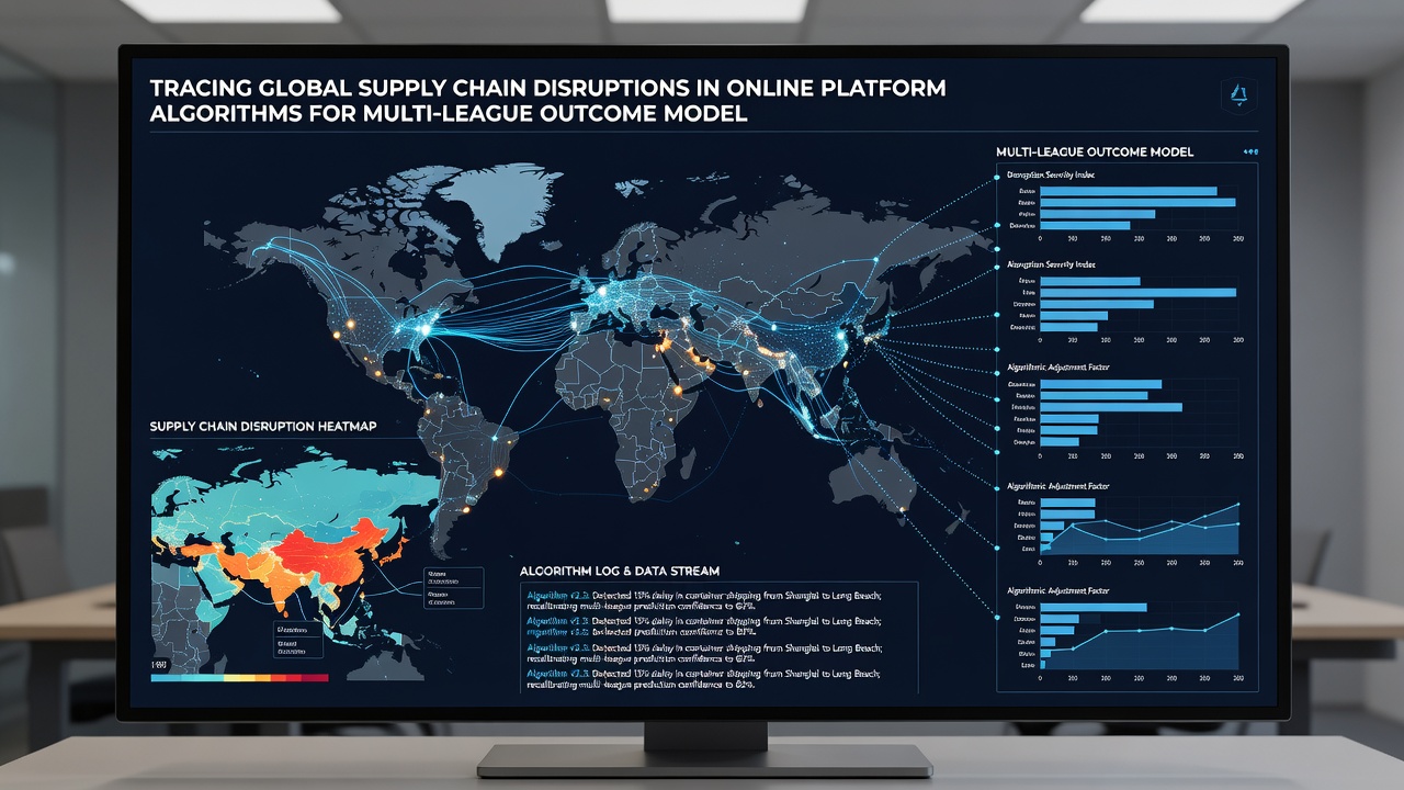 Data center servers processing league statistics with overlaid supply chain disruption indicators and algorithm flow diagrams