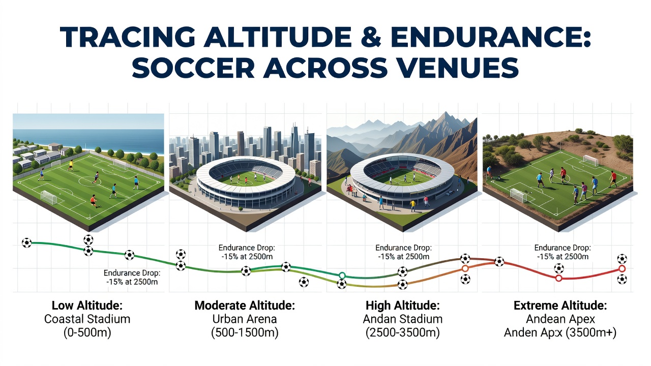 High-altitude soccer stadium during a competitive match with players showing signs of fatigue under reduced oxygen conditions