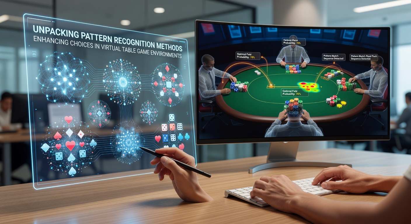 Digital interface displaying pattern recognition algorithms applied to virtual blackjack and poker tables on multiple platforms